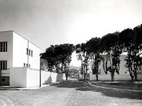 La piazzetta centrale del Villaggio dove furono mantenuti gli alberi del parco di Villa De Lucca (Archivio fotografico Acer)

